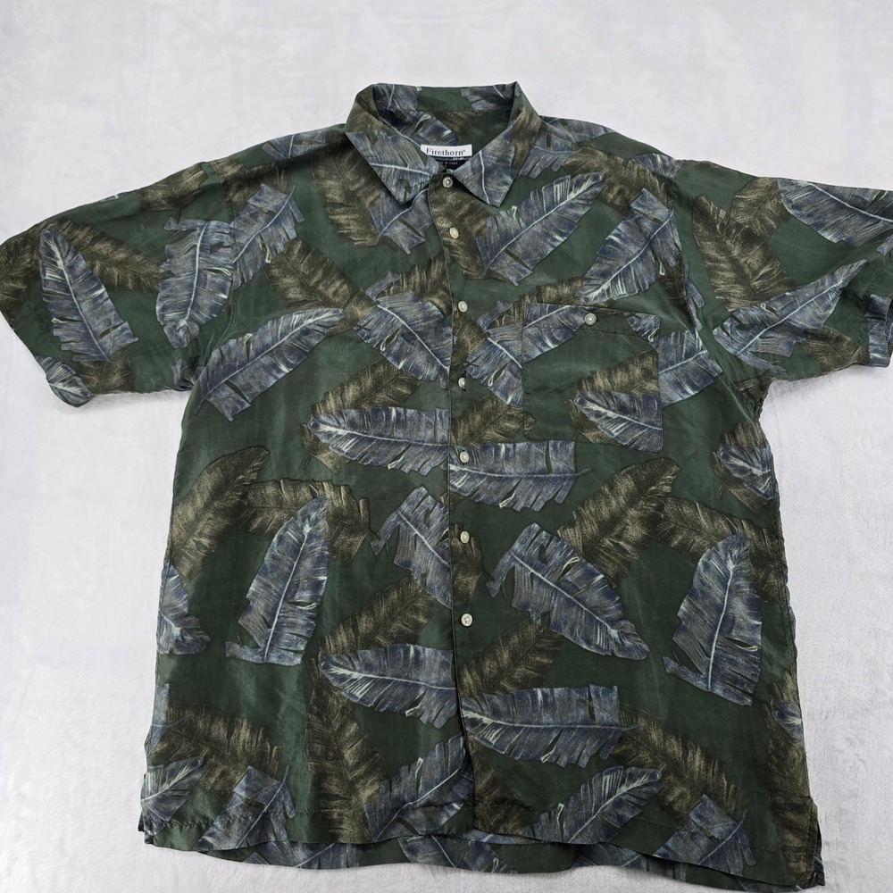 Firethorn Shirt Mens L Button Front Green Tropical Leaf Print 100% Silk